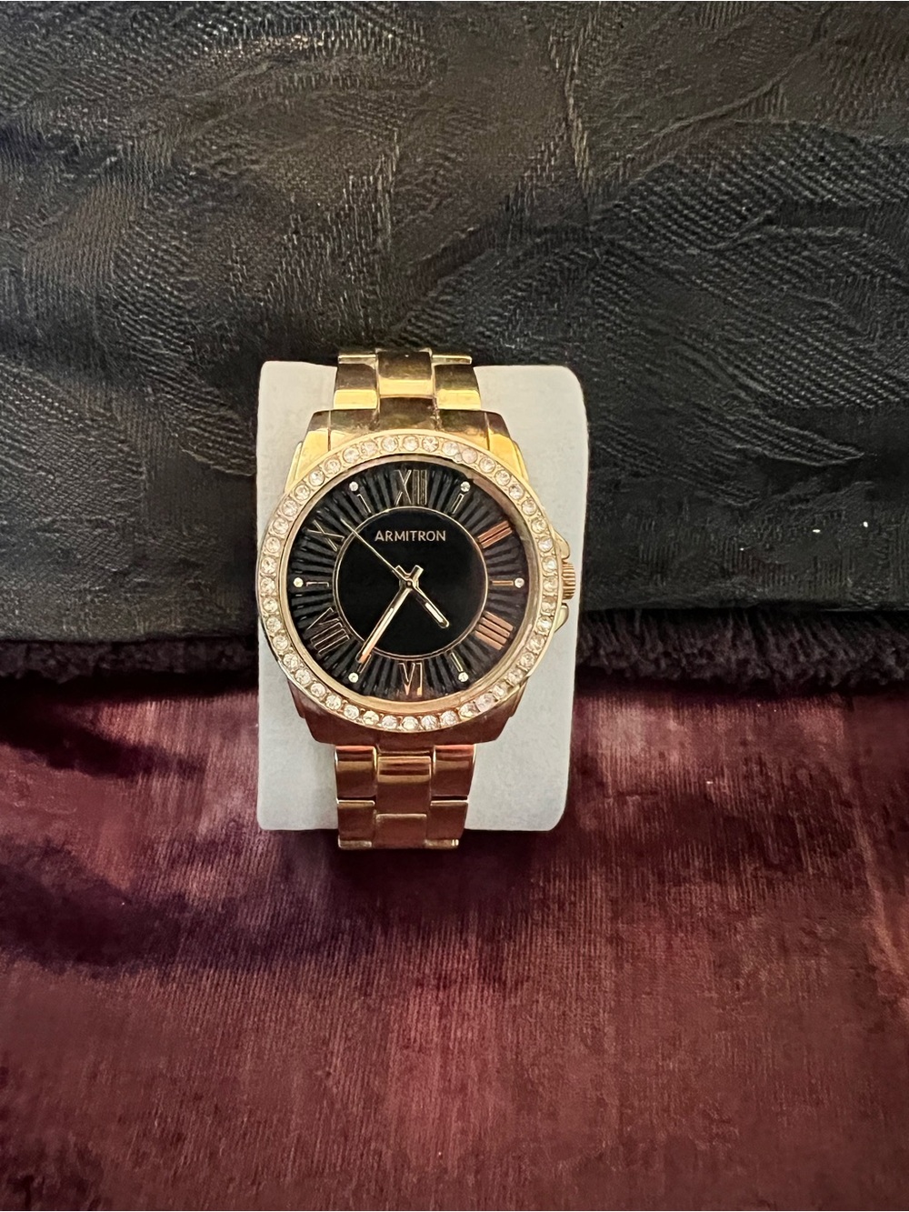 Armitron Gold Tone Woman’s Watch with Black Dial and Crystal Bezel